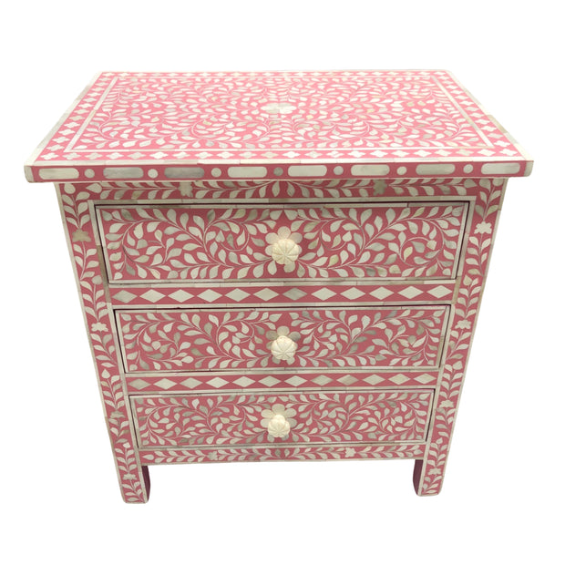 Bone Inlay Bedside Table 3 Drawer - Pink, Floral (Large)