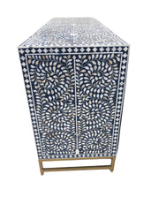 Mother of Pearl Inlay Buffet 6 Drawer Chest of Drawers - Navy Floral, Gold Frame