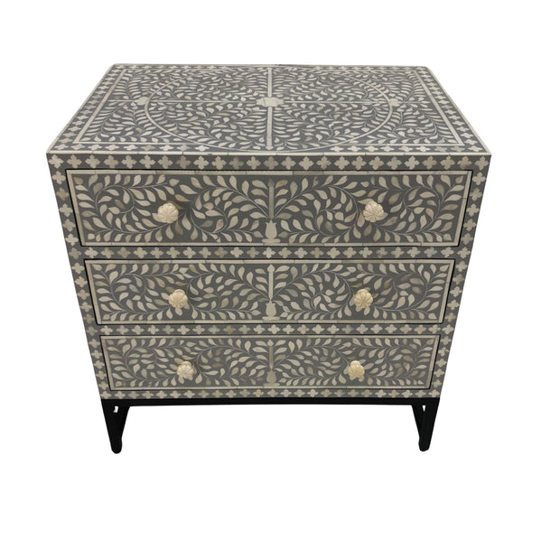 Extra Large Bone Inlay, 3 Drawer Bedside Table, Floral Grey