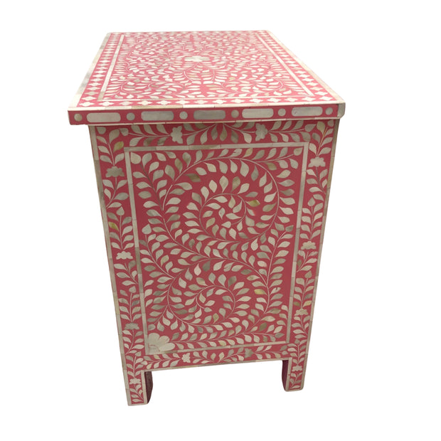 Bone Inlay Bedside Table 3 Drawer - Pink, Floral (Large)