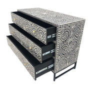 Bone Inlay 3 Drawer Chest of Drawers - Black Floral - Black Frame - Gold Handle