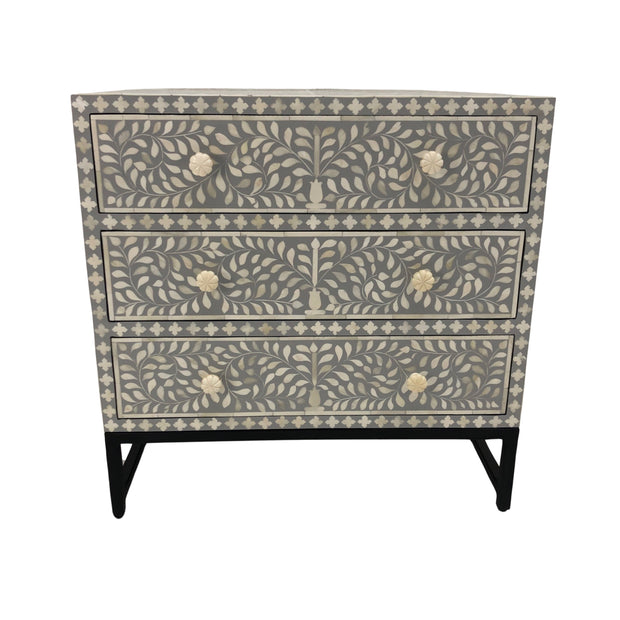 Extra Large Bone Inlay, 3 Drawer Bedside Table, Floral Grey