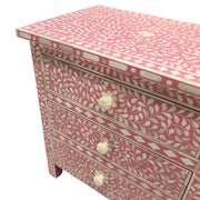 Bone Inlay Bedside Table 3 Drawer - Pink, Floral (Large)