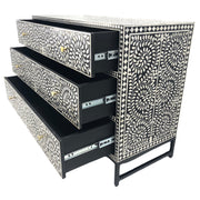 Bone Inlay 3 Drawer Chest of Drawers - Black Floral - Black Frame - Gold Handle