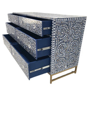 Mother of Pearl Inlay Buffet 6 Drawer Chest of Drawers - Navy Floral, Gold Frame