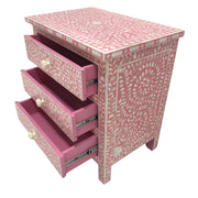 Bone Inlay Bedside Table 3 Drawer - Pink, Floral (Large)