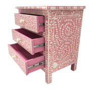 Bone Inlay Bedside Table 3 Drawer - Pink, Floral (Large)