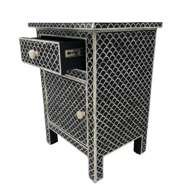 Bone Inlay Bedside Table 1 Drawer, 1 Door - Black, Fishscale