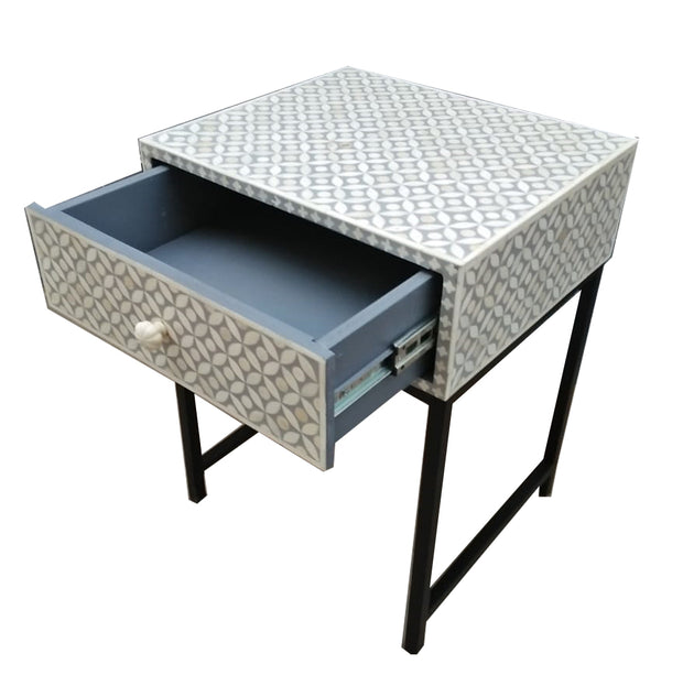 Bone Inlay 1 Drawer Bedside Table with Black Frame- Grey Geometric - Abacus and Hunt Melbourne | Unique Furniture