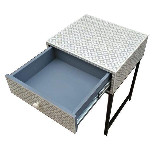 Bone Inlay 1 Drawer Bedside Table with Black Frame- Grey Geometric - Abacus and Hunt Melbourne | Unique Furniture