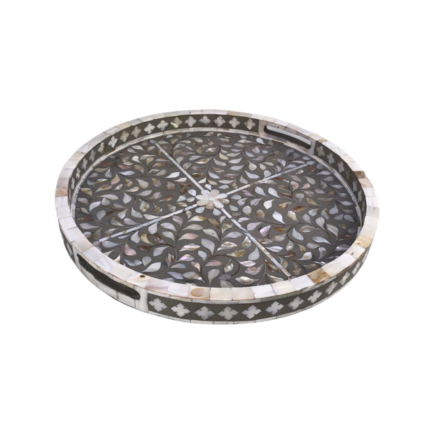 Round Mother of Pearl Inlay Tray - Grey Floral